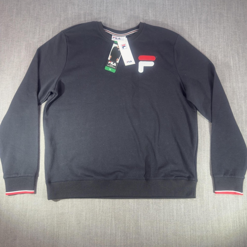 FILA Sweatshirt Mens XL Black Jersey Crewneck Pullover Logo Athletic Top